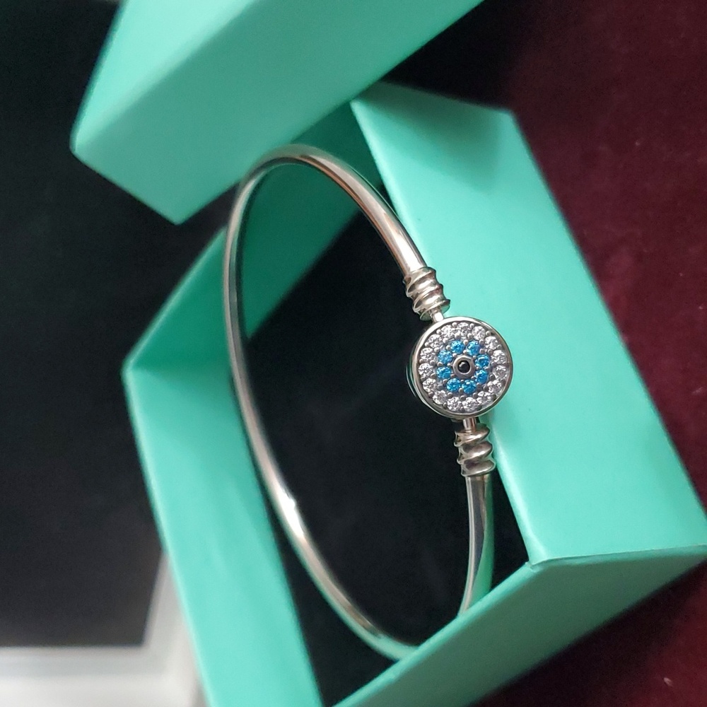BAMOER 925 Sterling Silver Evil Eye Protection Bangle NEW